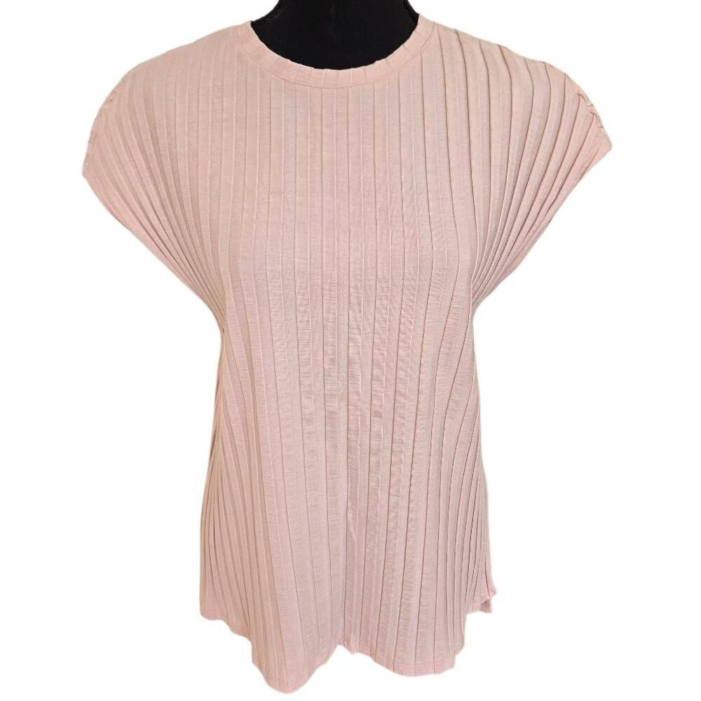 Eileen Fisher Womens Textured Stretch Rib Cap Sleeve Tunic Tank Pink Medium